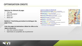 OPTIMISATION ONSITE

Optimiser les éléments de page:
• Title tag
• Meta description
• Balise h1
• Balise ALT

Renforcer l’interlinking permettant de distinguer des
pages fortes.

Créer des pages de destinations ciblant les villes ou les
régions desservies:
• Avec des contenus uniques
• Optimisées et suceptibles de se positionner
 