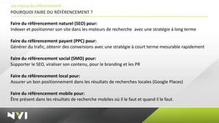 Les enjeux du référencement
POURQUOI FAIRE DU RÉFÉRENCEMENT ?

Faire du référencement naturel (SEO) pour:
Indexer et positionner son site dans les moteurs de recherche avec une stratégie à long terme

Faire du référencement payant (PPC) pour:
Générer du trafic, obtenir des conversions avec une stratégie à court terme mesurable rapidement

Faire du référencement social (SMO) pour:
Supporter le SEO, viraliser son contenu, pour le branding et les PR

Faire du référencement local pour:
Assurer un bon positionnement dans les résultats de recherches locales (Google Places)

Faire du référencement mobile pour:
Être présent dans les résultats de recherche mobiles où il le faut et quand il le faut.
 