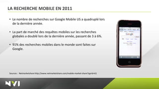 LA RECHERCHE MOBILE EN 2011

• Le nombre de recherches sur Google Mobile US a quadruplé lors
  de la dernière année.

• La part de marché des requêtes mobiles sur les recherches
  globales a doublé lors de la dernière année, passant de 3 à 6%.

• 91% des recherches mobiles dans le monde sont faites sur
  Google.




Sources : Netmarketshare http://www.netmarketshare.com/mobile-market-share?qprid=61
 
