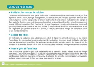 CE QU’ON PEUT FAIRE

            • Multiplier les sources de calcium
            Le calcium est indispensable pour garder de bons os. Il est recommandé de consommer chaque jour 2 ou
            3 produits laitiers : yaourt, fromage, fromage blanc, lait demi-écrémé, etc. On peut également le trouver dans
            certains légumes comme les épinards, le fenouil, les brocolis et dans certains fruits comme les oranges et
            dans les œufs. Certaines eaux minérales peuvent constituer un apport supplémentaire à condition de contenir
            plus de 150 mg/l de calcium (Ca). Pour fixer le calcium, l’organisme a besoin de lumière et de vitamines D
            que l’on puisera dans le poisson et les fruits de mer. Etant donné que le calcium est mieux assimilé le soir
            par l’organisme que pendant le reste de la journée, il sera plus efficace de manger par exemple un yaourt
            le soir avant d’aller dormir.

            • Manger des fibres
            En vieillissant, la production des substances qui aident à digérer les aliments diminue, ce qui retarde
            l’assimilation des nutriments et entraîne notamment la constipation. Un moyen simple de l’éviter est d’opter
            pour une alimentation riche en fibres. On les trouve dans les céréales, dans les haricots, les figues sèches, les
            pruneaux et les amandes. Dans le cas du pain, du riz ou des pâtes, mieux vaut privilégier les versions complètes.

            • Jouer le goût et l’ambiance
            Tout ce qui peut ajouter du goût aux préparations est le bienvenu  épices, herbes, huiles et vinaigre
                                                                                         :
            aromatisés,… Pour stimuler l’appétit, il faut que le repas comporte chaque fois plusieurs aliments différents.
            L’ambiance est également importante : si l’on utilise de jolis sets, des serviettes (même en papier), une vaisselle
            agréable, on aura plus envie de faire une pause pour apprécier le repas.

52
     Rester à la maison le plus longtemps possible. Comment faire en pratique ?
 
