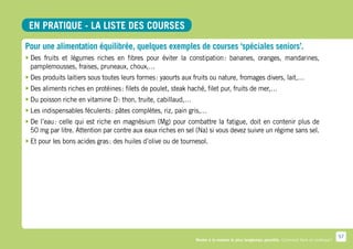 En pratique - La liste des courses

Pour une alimentation équilibrée, quelques exemples de courses ‘spéciales seniors’.
•  es fruits et légumes riches en fibres pour éviter la constipation  bananes, oranges, mandarines,
  D                                                                  :
  pamplemousses, fraises, pruneaux, choux,…
•  es produits laitiers sous toutes leurs formes : yaourts aux fruits ou nature, fromages divers, lait,…
  D
•  es aliments riches en protéines : filets de poulet, steak haché, filet pur, fruits de mer,…
  D
•  u poisson riche en vitamine D : thon, truite, cabillaud,…
  D
•  es indispensables féculents : pâtes complètes, riz, pain gris,…
  L
•  e l’eau  celle qui est riche en magnésium (Mg) pour combattre la fatigue, doit en contenir plus de
  D        :
  50 mg par litre. Attention par contre aux eaux riches en sel (Na) si vous devez suivre un régime sans sel.
•  t pour les bons acides gras : des huiles d’olive ou de tournesol.
  E




                                                                                                                                             57
                                                                Rester à la maison le plus longtemps possible. Comment faire en pratique ?
 