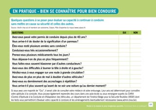 En pratique - Bien se connaître pour bien conduire
Quelques questions à se poser pour évaluer sa capacité à continuer à conduire
sans mettre en cause sa sécurité et celles des autres.
Source : Vieillir chez soi et maintenir son autonomie, Calyxis, Pôle d’expertise du risque (www.calysis.fr)

 QUESTIONS                                                                                                                                                OUI          NON
 Avez-vous passé votre permis de conduire depuis plus de 40 ans ?
 Vous arrive-t-il de douter de la signification d’un panneau ?
 Êtes-vous resté plusieurs années sans conduire ?
 Conduisez-vous très occasionnellement ?
 Prenez-vous plusieurs médicaments tous les jours ?
 Vous dépasse-t-on de plus en plus fréquemment ?
 Vous faites-vous souvent klaxonner par d’autres conducteurs ?
 Avez-vous des difficultés à tourner la tête à droite et à gauche ?
 Hésitez-vous à vous engager sur une route à grande circulation ?
 Avez-vous de plus en plus de mal à doubler d’autres véhicules ?
 Avez-vous eu dernièrement des accrochages à répétition ?
 Vous arrive-t-il plus souvent qu’avant de ne voir une voiture qu’au dernier moment ?
Si vous avez une majorité de “Oui”, il serait utile de consulter votre médecin et votre entourage. Leur avis est déterminant pour connaître
votre aptitude à la conduite. Vous pouvez également reprendre des cours dans une auto-école ou vous renseigner auprès du CARA
(Centre d’Aptitude à la Conduite et d’Adaptation des Véhicules, un département de l’Institut Belge pour la Sécurité Routière (IBSR) dont
les tests vous permettront d’évaluer votre capacité à conduire et les aménagements éventuellement nécessaires (www.admin.bivv.be).
                                                                                                                                                                                           69
                                                                                                              Rester à la maison le plus longtemps possible. Comment faire en pratique ?
 