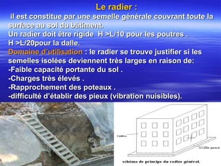 Le radier :Le radier :
il est constitue par une semelle générale couvrant toute lail est constitue par une semelle générale couvrant toute la
surface au sol du bâtiment.surface au sol du bâtiment.
Un radier doit être rigide H >L/10 pour les poutres .Un radier doit être rigide H >L/10 pour les poutres .
H >L/20pour la dalle.H >L/20pour la dalle.
Domaine d’utilisationDomaine d’utilisation : le radier se trouve justifier si les: le radier se trouve justifier si les
semelles isolées deviennent très larges en raison de:semelles isolées deviennent très larges en raison de:
-Faible capacité portante du sol .-Faible capacité portante du sol .
-Charges très élevés .-Charges très élevés .
-Rapprochement des poteaux .-Rapprochement des poteaux .
-difficulté d’établir des pieux (vibration nuisibles).-difficulté d’établir des pieux (vibration nuisibles).
 