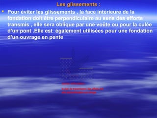 Les glissements :Les glissements :
 Pour éviter les glissements , la face intérieure de la
fondation doit être perpendiculaire au sens des efforts
transmis , elle sera oblique par une voûte ou pour la culée
d’un pont .Elle est également utilisées pour une fondation
d’un ouvrage en pente
assise defondation
le plan de transmission des efforts doit
etre perpendiculaire aux charge
 