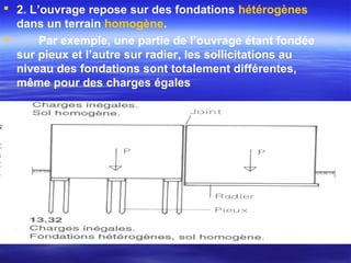  2. L’ouvrage repose sur des fondations hétérogènes
dans un terrain homogène.
 Par exemple, une partie de l’ouvrage étant fondée
sur pieux et l’autre sur radier, les sollicitations au
niveau des fondations sont totalement différentes,
même pour des charges égales
 