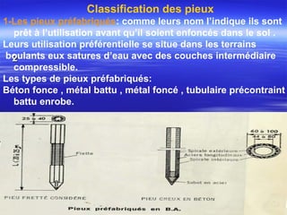 22
Classification des pieux
1-Les pieux préfabriqués: comme leurs nom l’indique ils sont
prêt à l’utilisation avant qu’il soient enfoncés dans le sol .
Leurs utilisation préférentielle se situe dans les terrains
boulants eux satures d’eau avec des couches intermédiaire
compressible.
Les types de pieux préfabriqués:
Béton fonce , métal battu , métal foncé , tubulaire précontraint
battu enrobe.
 
