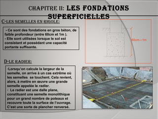 Chapitre ii: les fondations
superfiCielles
C-les semelles en rigole:
- Ce sont des fondations en gros béton, de
faible profondeur (entre 60cm et 1m ).
- Elle sont utilisées lorsque le sol est
consistant et possédant une capacité
portante suffisante.
d-le radier:
-Lorsqu’on calcule la largeur de la
semelle, on arrive à un cas extrême où
les semelles se touchent. Cela revient,
alors, à mettre en œuvre une grande
semelle appelée le radier.
- Le radier est une dalle plane,
constituant une semelle monolithique
pour un grand nombre de poteaux et
recouvre toute la surface de l’ouvrage.
C’est une sorte de plancher renversé.
60cm—1m
 