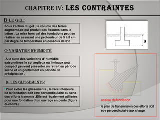 Chapitre iv: les Contraintes
b-le gel:
Sous l’action du gel , le volume des terres
augmente,ce qui produit des fissures dans le
béton . La mise hors gel des fondations peut se
réaliser en assurant une profondeur de 5 à 8 cm
par degré de température en dessous de 0°c
-A la suite des variations d’ humidité
saisonnières le sol argileux ou liminaux peu
compact peuvent présenter un retrait en période
sèche et un gonflement en période de
précipitation .
C- variation d’humidité
Pour éviter les glissements , la face intérieure
de la fondation doit être perpendiculaire au sens
des efforts transmis .Elle est également utilisées
pour une fondation d’un ouvrage en pente.(figure
ci-contre)
d- les glissements::
assise defondation
le plan de transmission des efforts doit
etre perpendiculaire aux charge
 