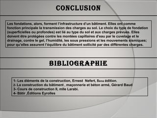 ConCLusion
1- Les éléments de la construction, Ernest Nefert, 8éme édition.
2- La construction du bâtiment , maçonnerie et béton armé, Gérard Baud
3- Cours de construction II, mlle Larabi.
4- Bâtir ,Éditions Eyrolles
bibLiographiE
Les fondations, alors, forment l’infrastructure d’un bâtiment. Elles ont comme
fonction principale la transmission des charges au sol. Le choix du type de fondation
(superficielles ou profondes) est lié au type du sol et aux charges prévues. Elles
doivent être protégées contre les montées capillaires d’eau par le cuvelage et le
drainage, contre le gel, l’humidité, les sous pressions et les mouvements sismiques;
pour qu’elles assurent l’équilibre du bâtiment sollicité par des différentes charges.
 