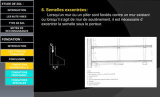 LES BUTS VISES
ETUDE DE SOL :
CONCLUSION
INTRODUCTION
TYPE DE SOL
MOYEN DE
RECONNAISSANCE
FONDATION :
INTRODUCTION
LES TYPES DE
FONDATION
FONDATIONS
PROFONDES
FONDATIONS
SPECIALES
6. Semelles excentrées:
Lorsqu’un mur ou un pilier sont fondés contre un mur existant
ou lorsqu’il s’agit de mur de soutènement, il est nécessaire d’
excentrer la semelle sous le porteur.
FONDATIONS
SUPERFICIELLE
 