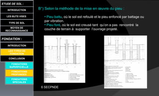 LES BUTS VISES
ETUDE DE SOL :
CONCLUSION
INTRODUCTION
TYPE DE SOL
MOYEN DE
RECONNAISSANCE
FONDATION :
INTRODUCTION
LES TYPES DE
FONDATION
FONDATIONS
SUPERFICIELLE
FONDATIONS
SPECIALES
B°) Selon la méthode de la mise en œuvre du pieu :
• Pieu battu, où le sol est refoulé et le pieu enfoncé par battage ou
par vibration.
• Pieu foré, où le sol est creusé tant qu’on a pas rencontré la
couche de terrain à supporter l’ouvrage projeté.
FONDATIONS
PROFONDES
6 SECPNDE
 