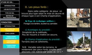 LES BUTS VISES
ETUDE DE SOL :
CONCLUSION
INTRODUCTION
TYPE DE SOL
MOYEN DE
RECONNAISSANCE
FONDATION :
INTRODUCTION
LES TYPES DE
FONDATION
FONDATIONS
SUPERFICIELLE
FONDATIONS
SPECIALES
II. Les pieux forés :
Dans cette catégorie de pieux on
trouve plus type selon la mise en œuvre et
chaque type à son Champ d'application.
b) Type de technique utilisée :
Forage à la tarière, bucket ou carrotier.
c) Avantages du procédé :
Simplicité de la méthode,
Peu de moyens à mettre en oeuvre.
d) Champ d'application du procédé :
Terrains secs et cohérents.
N.B: Variable selon les terrains, le
rendement des pieux forés simples peut
atteindre 150 mètres par poste de 10 h.*
FONDATIONS
PROFONDES
 