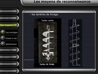 Introduction
Les buts visées
Les moyens
Définition
Les types
Conclusion
bibliographie
- les tarières de forage.
Les sondages
Essais in situ
géophysique
Les moyens de reconnaissance
 
