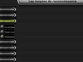 Introduction
Les buts visées
Les moyens
Définition
Les types
Conclusion
Bibliographie
Les sondages
Essais in situ
Géophysique
Les moyens de reconnaissance
 