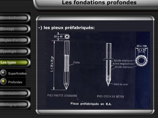Introduction
Concept
Règles d’or
Typologie
Les types
-) les pieux préfabriqués:
Superficielles
Profondes
Les fondations profondes
Conclusion
Bibliographie
 