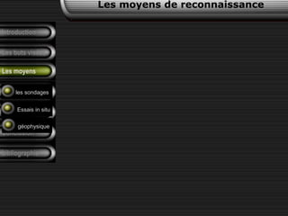 Définition
Les types
Conclusion
bibliographie
Les moyens de reconnaissance
Introduction
Les buts visées
Les moyens
les sondages
Essais in situ
géophysique
 