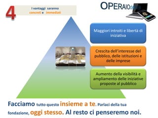 4Ivantaggi  saranno concreti e   immediatiFacciamo tutto questo insieme a te. Parlaci della tua fondazione, oggi stesso. Al resto ci penseremo noi.