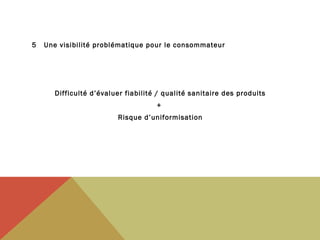 5

Une visibilité problématique pour le consommateur

Difficulté d’évaluer fiabilité / qualité sanitaire des produits
+
Risque d’uniformisation

 