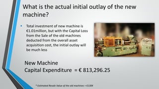 What is the actual initial outlay of the new
machine?
New Machine
Capital Expenditure = € 813,296.25
 Total investment of new machine is
€1.01million, but with the Capital Loss
from the Sale of the old machines
deducted from the overall asset
acquisition cost, the initial outlay will
be much less
* Estimated Resale Value of the old machines = €130K
 