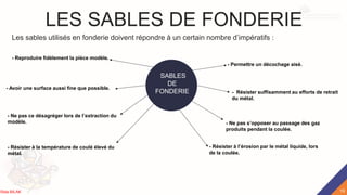LES SABLES DE FONDERIE
- Reproduire fidèlement la pièce modèle.
SABLES
DE
FONDERIE
Les sables utilisés en fonderie doivent répondre à un certain nombre d’impératifs :
- Avoir une surface aussi fine que possible.
- Ne pas ce désagréger lors de l’extraction du
modèle.
- Résister à la température de coulé élevé du
métal.
- Ne pas s’opposer au passage des gaz
produits pendant la coulée.
- Résister suffisamment au efforts de retrait
du métal.
- Permettre un décochage aisé.
- Résister à l’érosion par le métal liquide, lors
de la coulée.
19
Rida BILAK
 