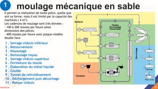 moulage mécanique en sable
Il permet la réalisation de toute pièce, quelle que
soit sa forme, mais il est limité par la capacité des
machines ( 4 m2).
Les cadences de moulage sont très élevées :
- 100 à 200 moules par heure selon
dimensions des pièces.
- 400 moules par heure avec plaque modèle
double face.
1 . Serrage châssis inférieur
2 . Retournement
3 . Noyautage
4 . Remoulage noyau
5 . Serrage châssis supérieur
6 . Fermeture du moule
7 . Élaboration du métal liquide
8 . Coulée
9 . Tunnel de refroidissement
10 . Déchargement puis décochage
11 . Retour châssis
1
27
Rida BILAK
 