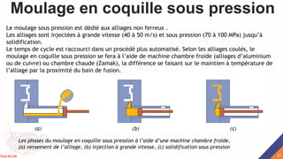 Moulage en coquille sous pression
Le moulage sous pression est dédié aux alliages non ferreux .
Les alliages sont injectées à grande vitesse (40 à 50 m/s) et sous pression (70 à 100 MPa) jusqu’à
solidification.
Le temps de cycle est raccourci dans un procédé plus automatisé. Selon les alliages coulés, le
moulage en coquille sous pression se fera à l’aide de machine chambre froide (alliages d’aluminium
ou de cuivre) ou chambre chaude (Zamak), la différence se faisant sur le maintien à température de
l’alliage par la proximité du bain de fusion.
Les phases du moulage en coquille sous pression à l’aide d’une machine chambre froide,
(a) versement de l’alliage, (b) injection à grande vitesse, (c) solidification sous pression
31
Rida BILAK
 