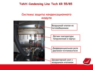 Tahiti Condensing Line Tech KR 55/85
Системы защиты конденсационного
модуля
Воздушный клапан на
теплообменнике

Датчик температуры
погруженный в корпус

Дифференциальное реле
давления теплоносителя

Деаэраторный узел с
воздушным клапаном

 