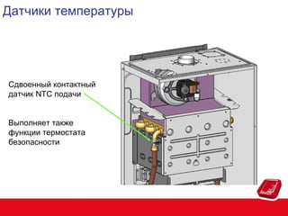 Датчики температуры

Сдвоенный контактный
датчик NTC подачи
Выполняет также
функции термостата
безопасности

 