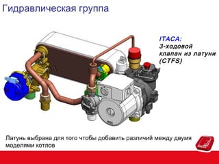 Гидравлическая группа
ITACA:
3-ходовой
клапан из латуни
(CTFS)

Латунь выбрана для того чтобы добавить различий между двумя
моделями котлов

 