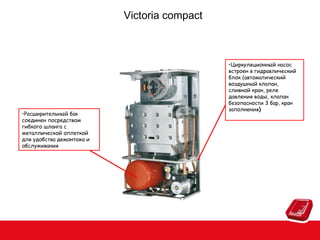 Victoria compact

•Расширительный бак
соединен посредством
гибкого шланга с
металлической оплеткой
для удобства демонтажа и
обслуживания

•Циркуляционный насос
встроен в гидравлический
блок (автоматический
воздушный клапан,
сливной кран, реле
давления воды, клапан
безопасности 3 бар, кран
заполнения)

 