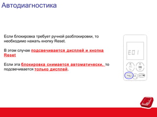 Автодиагностика

Если блокировка требует ручной разблокировки, то
необходимо нажать кнопку Reset.
В этом случае подсвечивается дисплей и кнопка
Reset
Если эта блокировка снимается автоматически, то
подсвечивается только дисплей.

 