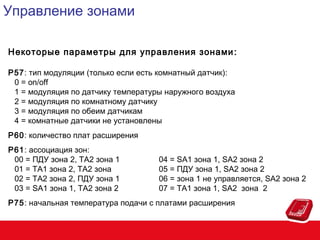 Управление зонами
Некоторые параметры для управления зонами :
P57: тип модуляции (только если есть комнатный датчик):
0 = on/off
1 = модуляция по датчику температуры наружного воздуха
2 = модуляция по комнатному датчику
3 = модуляция по обеим датчикам
4 = комнатные датчики не установлены
P60: количество плат расширения
P61: ассоциация зон:
00 = ПДУ зона 2, TA2 зона 1
01 = TA1 зона 2, TA2 зона
02 = TA2 зона 2, ПДУ зона 1
03 = SA1 зона 1, TA2 зона 2

04 = SA1 зона 1, SA2 зона 2
05 = ПДУ зона 1, SA2 зона 2
06 = зона 1 не управляется, SA2 зона 2
07 = TA1 зона 1, SA2 зона 2

P75: начальная температура подачи с платами расширения

 