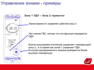 Управление зонами - примеры
Зона 1 ПДУ – Зона 2 термостат
Хронотермостат управляет работой зоны 2

Нет кнопок ГВС, потому что эта функция передается
ПДУ
Кнопки регулировки отопления управляют температурой
зоны 2, в то время как зоной 1 управляет ПДУ.
В случае одновременного запроса выбирается более
высокая температура.

 