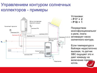 Управлением контуром солнечных
коллекторов - примеры
Установки:
• P17 = 2
• P18 = 1
Посредством
многофункциональног
о реле, плата
активирует насос
солнечного контура.
Если температура в
бойлере недостаточно
высокая, то датчик
SBC ощущает это и
дает команду на
включение горелки
котла.

 