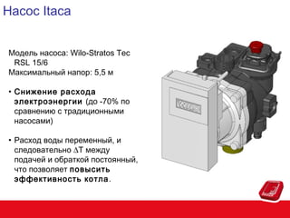 Насос Itaca
Модель насоса: Wilo-Stratos Tec
RSL 15/6
Максимальный напор: 5,5 м
• Снижение расхода
электроэнергии (до -70% по
сравнению с традиционными
насосами)
• Расход воды переменный, и
следовательно ∆T между
подачей и обраткой постоянный,
что позволяет повысить
эффективность котла .

 