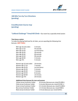 GRAN FONDO EVENT GUIDE                                              

 
100 Mile Turn by Turn Directions 
(pending) 
 
 
CrossMountain Course map 
(pending) 
 
 
“LeMond Challenge” Timed Hill Climb—Our event has a specially timed section  
 
 
Time bonus system 
To make the playing field level for all riders, we are awarding the following time 
bonuses. (NOT FINAL) 
 
      Men age 16 and under:            2 minutes 
      Men age 17‐23                    45 seconds 
      Men age 24‐29                    no time bonus 
      Men age 30‐39                    30 seconds 
      Men age 40‐49                    60 seconds 
      Men age 50‐59                    90 seconds 
      Men age 60‐69                    3 minutes 
      Men age 70+                      5 minutes 
       
      Women age 16 and under:   10 minutes 
      Women age 17‐19                  7 minutes 
      Women age 20‐29                  no time bonus 
      Women age 30‐39                  5 minutes 
      Women age 40‐49                  7 minutes 
      Women age 50‐59                  8 minutes 
      Women age 60‐69                  15 minutes 
      Women age 70+                    20 minutes 
       
      Additional time bonuses for men and women 
      Yellow Jersey fundraiser holder           10 minutes (because you raised $5,000+) 
      Polka Jersey fundraiser holder            5 minutes (because you raised $2,500 +) 
      Green Jersey fundraiser holder            2.5 minutes (because you raised $1,000+) 
      Blue Jersey fundraiser holder             1.5 minutes (because you raised $500+) 
      Black Jersey fundraiser holder            1 minute (because you raised $250+) 

                                                                                        13
 