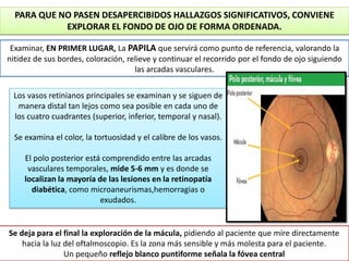 PARA QUE NO PASEN DESAPERCIBIDOS HALLAZGOS SIGNIFICATIVOS, CONVIENE 
EXPLORAR EL FONDO DE OJO DE FORMA ORDENADA. 
Examinar, EN PRIMER LUGAR, La PAPILA que servirá como punto de referencia, valorando la 
nitidez de sus bordes, coloración, relieve y continuar el recorrido por el fondo de ojo siguiendo 
las arcadas vasculares. 
Los vasos retinianos principales se examinan y se siguen de 
manera distal tan lejos como sea posible en cada uno de 
los cuatro cuadrantes (superior, inferior, temporal y nasal). 
Se examina el color, la tortuosidad y el calibre de los vasos. 
El polo posterior está comprendido entre las arcadas 
vasculares temporales, mide 5-6 mm y es donde se 
localizan la mayoría de las lesiones en la retinopatía 
diabética, como microaneurismas,hemorragias o 
exudados. 
Se deja para el final la exploración de la mácula, pidiendo al paciente que mire directamente 
hacia la luz del oftalmoscopio. Es la zona más sensible y más molesta para el paciente. 
Un pequeño reflejo blanco puntiforme señala la fóvea central 
 