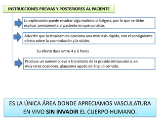 INSTRUCCIONES PREVIAS Y POSTERIORES AL PACIENTE 
La exploración puede resultar algo molesta o fatigosa, por lo que se debe 
explicar previamente al paciente en qué consiste. 
Advertir que la tropicamida ocasiona una midriasis rápida, con el consiguiente 
efecto sobre la acomodación y la visión. 
Su efecto dura entre 4 y 6 horas 
Produce un aumento leve y transitorio de la presión intraocular y, en 
muy raras ocasiones, glaucoma agudo de ángulo cerrado. 
ES LA ÚNICA ÁREA DONDE APRECIAMOS VASCULATURA 
EN VIVO SIN INVADIR EL CUERPO HUMANO. 
