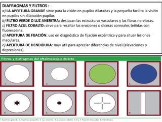 DIAFRAGMAS Y FILTROS : 
a) LA APERTURA GRANDE sirve para la visión en pupilas dilatadas y la pequeña facilita la visión 
en pupilas sin dilatación pupilar. 
b) FILTRO VERDE O LUZ ANERITRA: destacan las estructuras vasculares y las fibras nerviosas. 
c) FILTRO AZUL COBALTO: sirve para resaltar las erosiones o úlceras corneales teñidas con 
fluoresceína. 
d) APERTURA DE FIJACIÓN: uso en diagnóstico de fijación excéntrica y para situar lesiones 
maculares. 
e) APERTURA DE HENDIDURA: muy útil para apreciar diferencias de nivel (elevaciones o 
depresiones). 
 