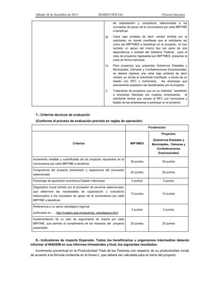 Sábado 28 de diciembre de 2013

DIARIO OFICIAL

(Tercera Sección)

de capacitación y consultoría, relacionadas a los
conceptos de apoyo de la convocatoria por cada MIPYME
a beneficiar.
g)

Carta bajo protesta de decir verdad emitida por el
solicitante, en donde manifieste que el solicitante así
como las MIPYMES a beneficiar en el proyecto, no han
recibido un apoyo del mismo tipo por parte de otra
dependencia o entidad del Gobierno Federal; para el
caso de proyectos ingresados por MIPYMES, presentar la
carta de forma individual.

h)

Para proyectos que presenten Gobiernos Estatales y
Municipales, Cámaras y Confederaciones Empresariales,
se deberá ingresar una carta bajo protesta de decir
verdad, en donde el solicitante manifieste, a través de un
listado con RFC y homoclave,
las empresas que
previamente aceptaron ser beneficiadas por el proyecto.

i)

Tratándose de proyectos que en su totalidad beneficien
a empresas lideradas por mujeres empresarias, el
solicitante tendrá que anexar el RFC con homoclave y
listado de las empresarias a participar en el proyecto

7.- Criterios técnicos de evaluación
(Conforme al proceso de evaluación previsto en reglas de operación)
Ponderación
Proyectos
(Gobiernos Estatales y
Municipales, Cámaras y
Confederaciones
Empresariales)

Criterios

MIPYMES

Incremento medible y cuantificable de los impactos requeridos en la
convocatoria por cada MIPYME a beneficiar

30 puntos

30 puntos

Congruencia del proyecto presentado y experiencia del proveedor
seleccionado

20 puntos

20 puntos

Porcentaje de aportación económica Estatal o Municipal

5 puntos

5 puntos

Diagnóstico inicial emitido por el proveedor de servicios seleccionado,
que determine las necesidades de capacitación y consultoría
relacionados a los conceptos de apoyo de la convocatoria por cada
MIPYME a beneficiar.

15 puntos

15 puntos

5 puntos

5 puntos

25 puntos

25 puntos

Pertenencia a un sector estratégico regional
publicados en….. http://inadem.gob.mx/sectores_estrategicos.html
Implementación de un plan de seguimiento de mejora por cada
MIPYME, que permita el cumplimiento de los impactos del proyecto
presentado.

8.- Indicadores de impacto Esperado. Todos los beneficiarios u organismos intermedios deberán
informar al INADEM en sus informes trimestrales y final, los siguientes resultados:
Incremento porcentual en la Productividad Total de los Factores con respecto de su productividad inicial,
de acuerdo a la fórmula contenida en el Anexo I, que deberá ser calculada para el cierre del proyecto.

 