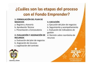 ¿Cuáles son las etapas del proceso
    con el Fondo Emprender?
1. FORMULACIÓN DEL PLAN DE
NEGOCIOS                           3. EJECUCIÓN
a. Registro y Asesoría             a. Ejecución del plan de negocios
b. Aprobación Técnica              b. Seguimiento y acompañamiento
c. Presentación a Convocatoria     c. Evaluación de indicadores de
                                   gestión
2. EVALUACIÓN Y ASIGNACIÓN DE d. Decisión sobre reembolso de
RECURSOS                           recursos
a. Evaluación del plan de negocios
b. Asignación de recursos
c. Legalización del contrato
 