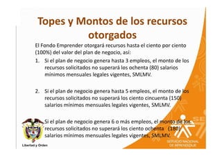 Topes y Montos de los recursos
          otorgados
El Fondo Emprender otorgará recursos hasta el ciento por ciento
(100%) del valor del plan de negocio, así:
1. Si el plan de negocio genera hasta 3 empleos, el monto de los
    recursos solicitados no superará los ochenta (80) salarios
    mínimos mensuales legales vigentes, SMLMV.

2. Si el plan de negocio genera hasta 5 empleos, el monto de los
   recursos solicitados no superará los ciento cincuenta (150)
   salarios mínimos mensuales legales vigentes, SMLMV.

3. Si el plan de negocio genera 6 o más empleos, el monto de los
   recursos solicitados no superará los ciento ochenta (180)
   salarios mínimos mensuales legales vigentes, SMLMV.
 