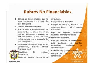 Rubros No Financiables
1. Compra de bienes muebles que no             dividendos.
   estén relacionados con el objeto del7. Recuperaciones de capital.
   plan de negocio.                        8. Compra de acciones, derechos de
2. Compra de bienes inmuebles.                 empresas, bonos y otros valores
3. Adecuaciones o remodelaciones de            mobiliarios.
   cualquier tipo de bienes inmuebles,9. Pago           de     regalías,   impuestos
   que no conformen el proceso de              causados, aportes parafiscales.
   dotación técnica y que no sean10. Formación académica.
   indispensables para el desarrollo del
   plan de negocios.                       11. Pago de derechos o inscripciones
                                               para     participar     en     eventos
4. Estudios de factibilidad de proyectos       comerciales         nacionales       o
   (consultorías,     asesoría   jurídica,     internacionales.
   financiera, etc.).
                                           12. Gastos de viaje y desplazamiento.
5. Adquisición         de      vehículos
   automotores.                            13. Compra de primas o locales
                                               comerciales.
6. Pagos de pasivos, deudas o de
 