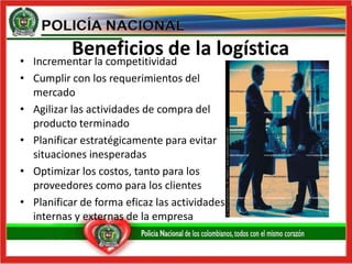 Beneficios de la logísticaIncrementar la competitividadCumplir con los requerimientos del mercadoAgilizar las actividades de compra del producto terminadoPlanificar estratégicamente para evitar situaciones inesperadasOptimizar los costos, tanto para los proveedores como para los clientesPlanificar de forma eficaz las actividades internas y externas de la empresa