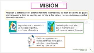 Introduzca su logotipo o su
nombre aquí
MISIÓN
6
Asegurar la estabilidad del sistema monetario internacional; es decir, el sistema de pagos
internacionales y tipos de cambio que permite a los países y a sus ciudadanos efectuar
transacciones entre sí.
Seguimiento de la evolución y
las medidas de política,
económica y financiera
Concede préstamos a los
países miembros que
enfrentan de balanza de pagos
Facilita a los gobiernos y
bancos centrales de los países
miembros con asistencia
técnica y capacitación
 
