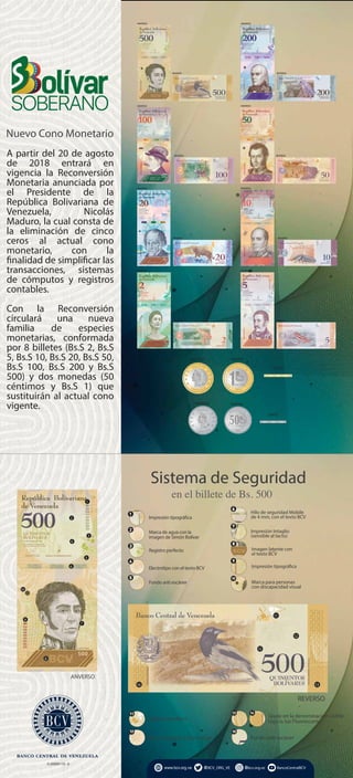 Nuevo Cono Monetario
A partir del 20 de agosto
de 2018 entrará en
vigencia la Reconversión
Monetaria anunciada por
el Presidente de la
República Bolivariana de
Venezuela, Nicolás
Maduro, la cual consta de
la eliminación de cinco
ceros al actual cono
monetario, con la
finalidad de simplificar las
transacciones, sistemas
de cómputos y registros
contables.
Con la Reconversión
circulará una nueva
familia de especies
monetarias, conformada
por 8 billetes (Bs.S 2, Bs.S
5, Bs.S 10, Bs.S 20, Bs.S 50,
Bs.S 100, Bs.S 200 y Bs.S
500) y dos monedas (50
céntimos y Bs.S 1) que
sustituirán al actual cono
vigente.
www.bcv.org.ve @BCV_ORG_VE @bcv.org.ve BancoCentralBCV
ANVERSO
1
*
1
3
5
6
7
8
9
10
2
4
Sistema de Seguridad
en el billete de Bs. 500
Impresión tipográfica
Marca de agua con la
imagen de Simón Bolívar
Registro perfecto
REVERSO
11
12
1314
15
Electrotipo con el texto BCV
Fondo anti escáner Marca para personas
con discapacidad visual
Impresión tipográfica
Imagen latente con
el texto BCV
Impresión Intaglio
(sensible al tacto)
Hilo de seguridad Mobile
de 4 mm, con el texto BCV
1
*
Registro perfecto
Marca de agua y Electrotipo
Grade en la denominación visible
bajo la luz Fluorescente
Fondo anti escáner
G 20000110- -0
ANVERSO
REVERSO
1
*
ANVERSO
REVERSO
ANVERSO
REVERSO
ANVERSO
REVERSO
ANVERSO
REVERSO
ANVERSO
REVERSO
ANVERSO
REVERSO
ANVERSO
REVERSO
CANTO
REVERSOANVERSO
CANTO
ANVERSO REVERSO
 