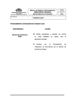 UNIVERSIDAD SIMÓN BOLÍVAR
SECRETARÍA
DIRECCIÓN DE INGENIERÍA DE INFORMACIÓN

MANUAL DE NORMAS Y PROCEDIMIENTOS
DIRECCIÓN DE FINANZAS
DEPARTAMENTO DE T ESORERÍA

Páginas:

16 de 44
Fecha:
3010/02

Procedimiento:

“FONDOS FIJOS”

PROCEDIMIENTO: REPOSICIÓN DE FONDOS FIJOS

RESPONSABLE

Sección de Cuentas por
Pagar

ACCIÓN

16. Recibe expedientes y soportes, los archiva
en

orden

alfabético

en

espera

para

la

generación del pago.

17. Continúa

con

el

Procedimiento

de

“Recepción de Documentos por la Sección de
Cuentas por Pagar”.

 