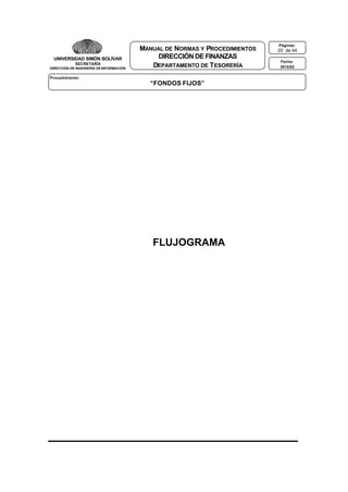 UNIVERSIDAD SIMÓN BOLÍVAR
SECRETARÍA
DIRECCIÓN DE INGENIERÍA DE INFORMACIÓN

MANUAL DE NORMAS Y PROCEDIMIENTOS
DIRECCIÓN DE FINANZAS
DEPARTAMENTO DE T ESORERÍA

Procedimiento:

“FONDOS FIJOS”

FLUJOGRAMA

Páginas:

20 de 44
Fecha:
3010/02

 