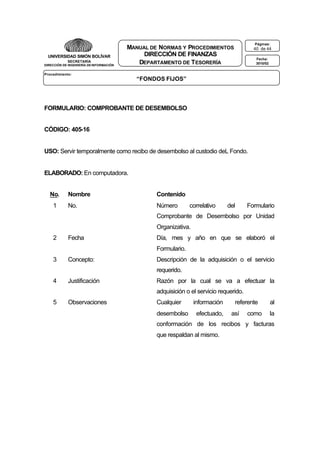 UNIVERSIDAD SIMÓN BOLÍVAR
SECRETARÍA
DIRECCIÓN DE INGENIERÍA DE INFORMACIÓN

Páginas:

MANUAL DE NORMAS Y PROCEDIMIENTOS
DIRECCIÓN DE FINANZAS
DEPARTAMENTO DE T ESORERÍA

40 de 44
Fecha:
3010/02

Procedimiento:

“FONDOS FIJOS”

FORMULARIO: COMPROBANTE DE DESEMBOLSO
CÓDIGO: 405-16

USO: Servir temporalmente como recibo de desembolso al custodio deL Fondo.

ELABORADO: En computadora.
No.
1

Nombre

Contenido

No.

Número

correlativo

del

Formulario

Comprobante de Desembolso por Unidad
Organizativa.
2

Fecha

Día, mes y año en que se elaboró el
Formulario.

3

Concepto:

Descripción de la adquisición o el servicio
requerido.

4

Justificación

Razón por la cual se va a efectuar la
adquisición o el servicio requerido.

5

Observaciones

Cualquier
desembolso

información
efectuado,

referente
así

como

al
la

conformación de los recibos y facturas
que respaldan al mismo.

 