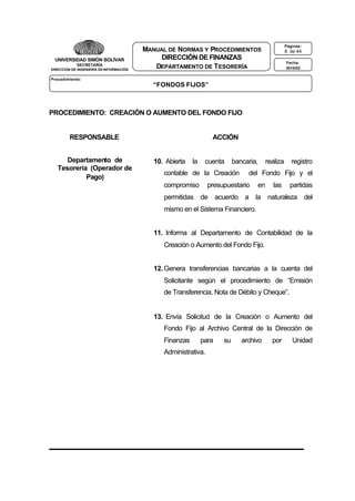 UNIVERSIDAD SIMÓN BOLÍVAR
SECRETARÍA
DIRECCIÓN DE INGENIERÍA DE INFORMACIÓN

Páginas:

MANUAL DE NORMAS Y PROCEDIMIENTOS
DIRECCIÓN DE FINANZAS
DEPARTAMENTO DE T ESORERÍA

8 de 44
Fecha:
3010/02

Procedimiento:

“FONDOS FIJOS”

PROCEDIMIENTO: CREACIÓN O AUMENTO DEL FONDO FIJO

RESPONSABLE
Departamento de
Tesorería (Operador de
Pago)

ACCIÓN

10. Abierta

la

cuenta

bancaria,

contable de la Creación
compromiso

realiza

registro

del Fondo Fijo y el

presupuestario

en

las

partidas

permitidas de acuerdo a la naturaleza del
mismo en el Sistema Financiero.
11. Informa al Departamento de Contabilidad de la
Creación o Aumento del Fondo Fijo.
12. Genera transferencias bancarias a la cuenta del
Solicitante según el procedimiento de “Emisión
de Transferencia, Nota de Débito y Cheque”.

13. Envía Solicitud de la Creación o Aumento del
Fondo Fijo al Archivo Central de la Dirección de
Finanzas

para

Administrativa.

su

archivo

por

Unidad

 